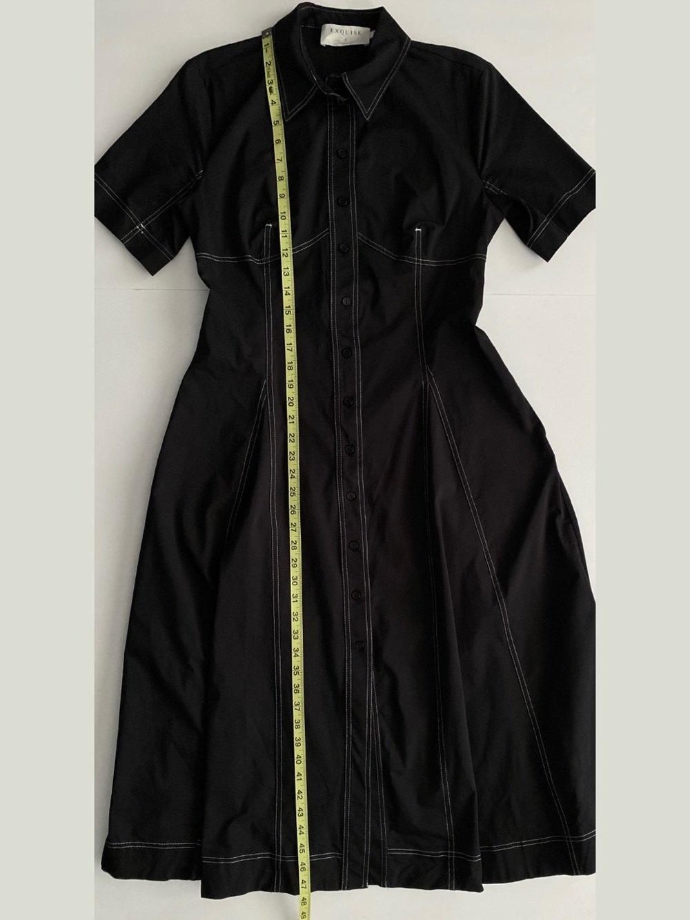 Anthropologie Exquise Short-Sleeve Seamed Pleated Midi Black Dress Sz M - Picture 7 of 14
